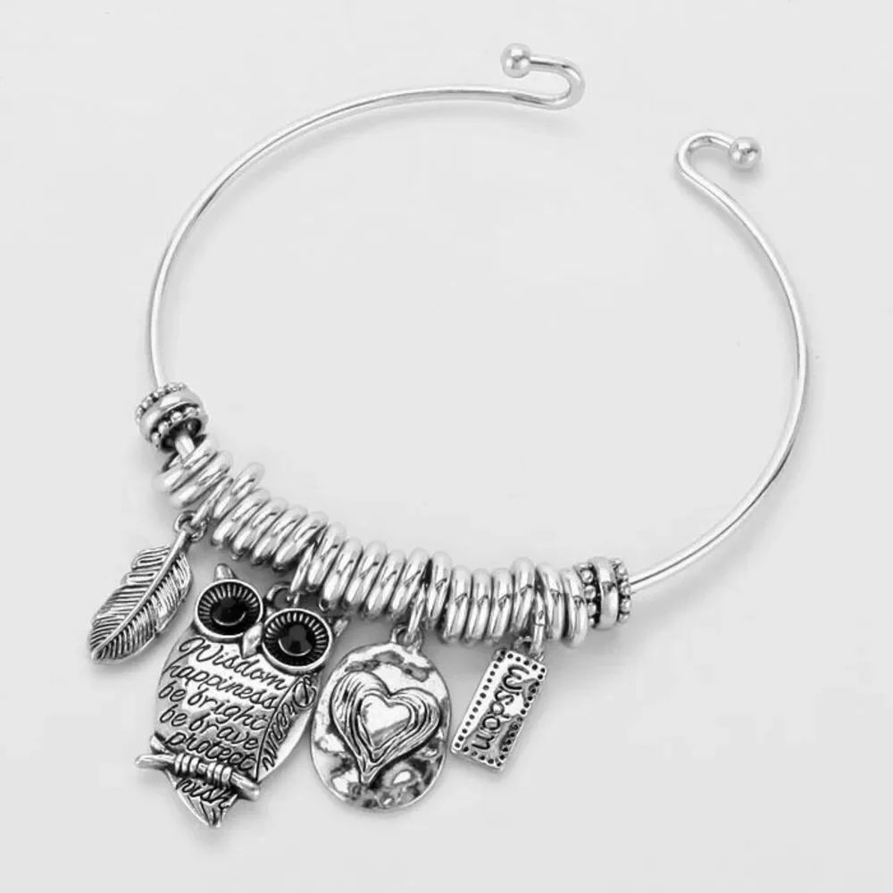New Womens Boutique Silver Owl Charm Metal Inspirational Hook Bracelet